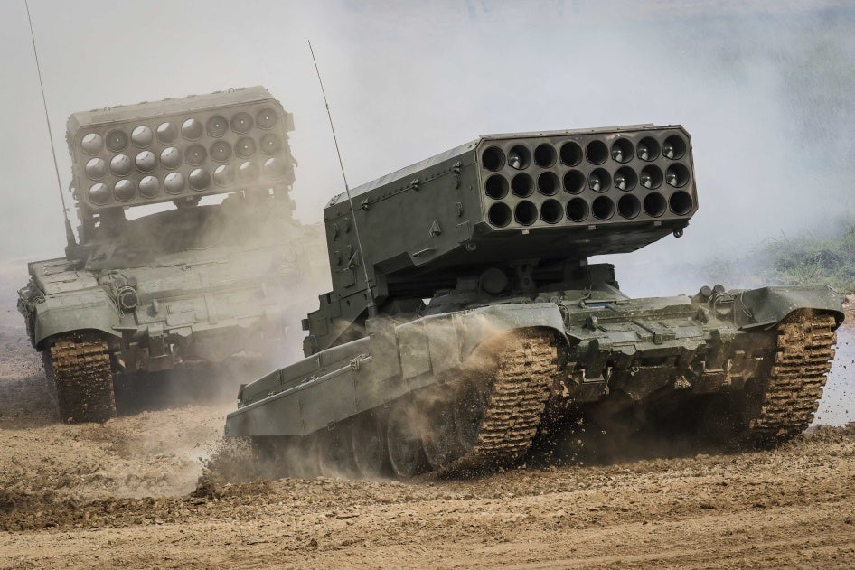 Russian TOS-1A multi-barrel rocket launchers photographed on exercises in 2021.  These weapons can rapidly launch a volley of 24 MO.1.01.04-series rockets with thermobaric warheads up to 6-8 kilometers away.