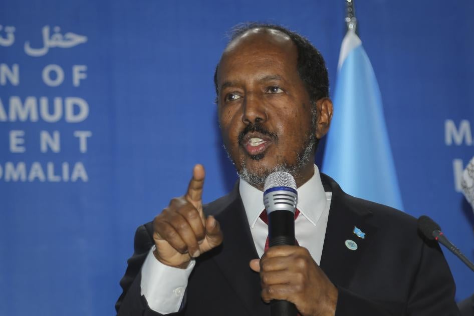 Somali President Hassan Sheikh Mohamud speaks at his inauguration ceremony in Mogadishu, Somalia, June 9, 2022. 
