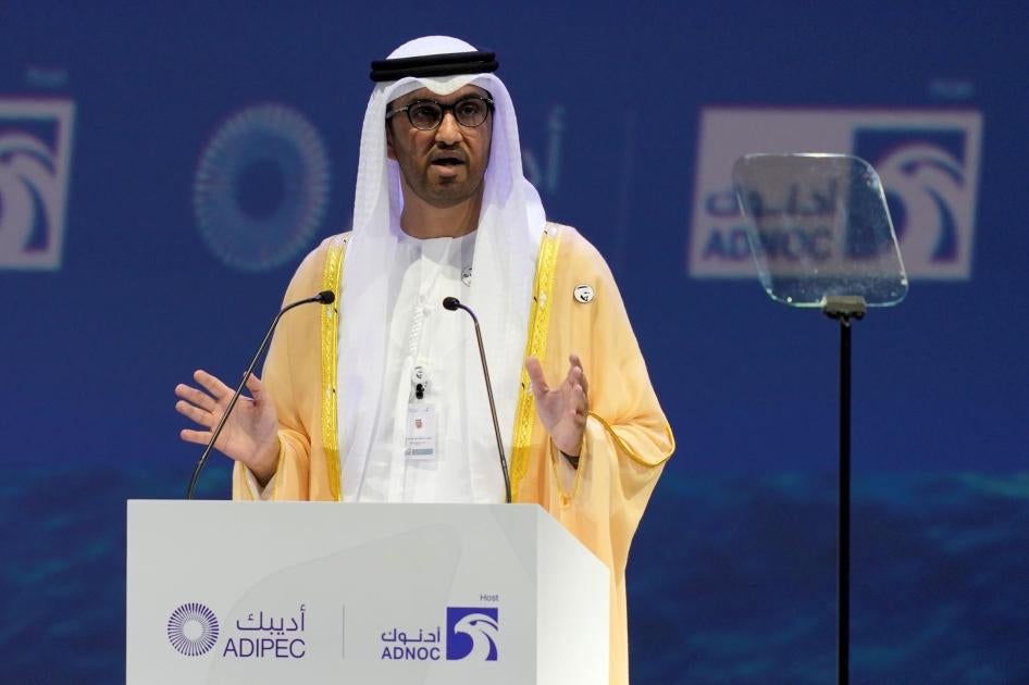 UAE Minister of State and CEO of the Abu Dhabi National Oil Co. Sultan Ahmed al-Jaber talks during the Abu Dhabi Sustainability Week's opening ceremony, in Abu Dhabi, United Arab Emirates, January 16, 2023. 
