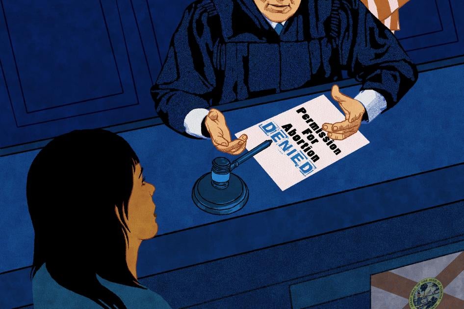 En el gráfico, un juez muestra a una persona joven un papel que indica "permiso para abortar denegado"