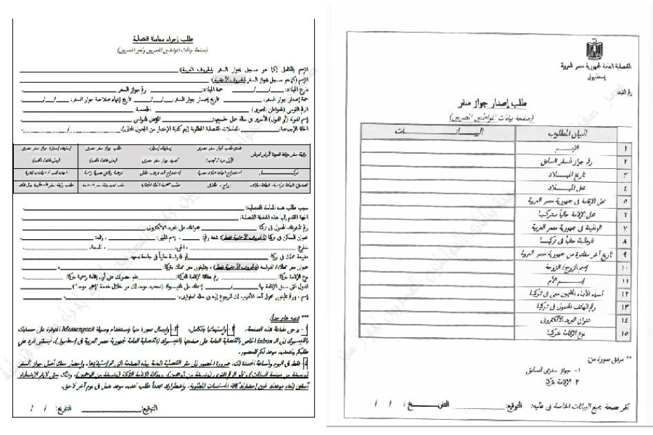 The forms required by the Egyptian Consulate in Istanbul. The forms request exhaustive and unnecessary details that are not legally required to obtain a new passport. The filled-out forms are sent to security agencies in Egypt to obtain their approval before processing any requests from the applicants.