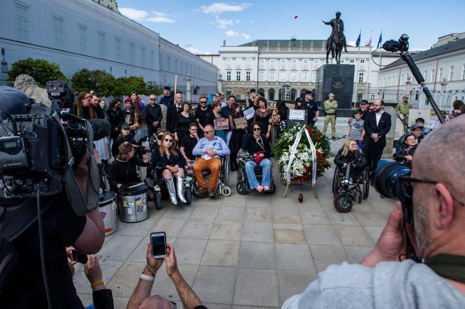 People with disabilities and supporters protest outside the presidential palace to demand a new law on personal assistance, Warsaw, Poland.
