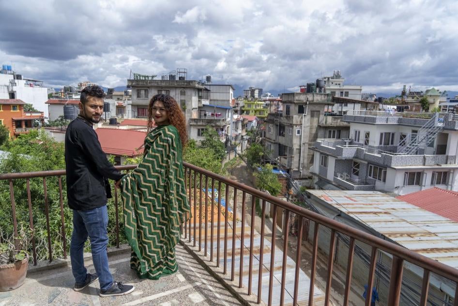 Same-sex couple Surendra Pandey, left, and Maya Gurung, celebrate an interim order issued by the country's Supreme Court enabling the registration of same-sex marriages for the first time, Kathmandu, Nepal, June 29, 2023. 