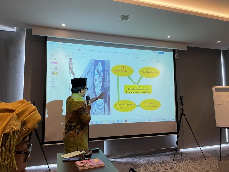 Imam Nakha’i of the National Commission on Violence Against Women discussing the 120 mandatory hijab regulations, 73 of which are still in force, in Jakarta, Indonesia, August, 14, 2023. 