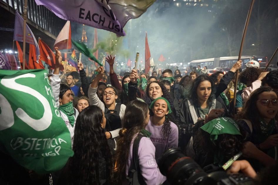 People take part in a march in defense of legal abortion on International Safe Abortion Day at Paulista Avenue in Sao Paulo, Brazil, on September 28, 2023.