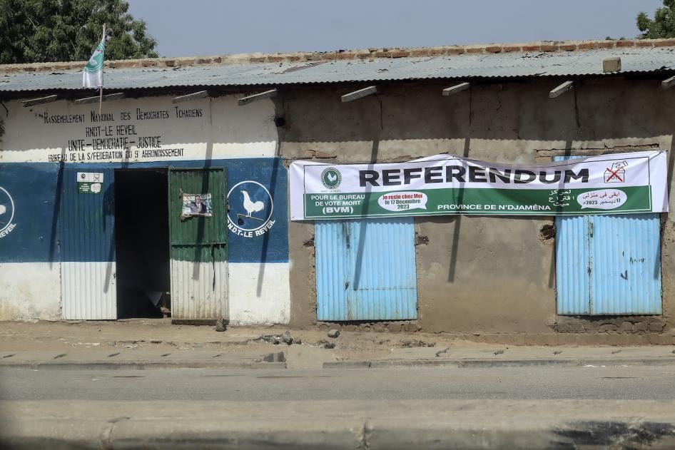 A general view of a banner of the National Rally for Democracy in Chad calling on citizens to stay at home during the referendum vote, in N'Djamena on December 13, 2023.