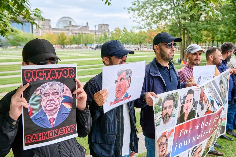 Various groups protest against the visit of Tajikistan President Emomali Rahmon and other Central Asian leaders to Berlin, Germany, September 29, 2023.