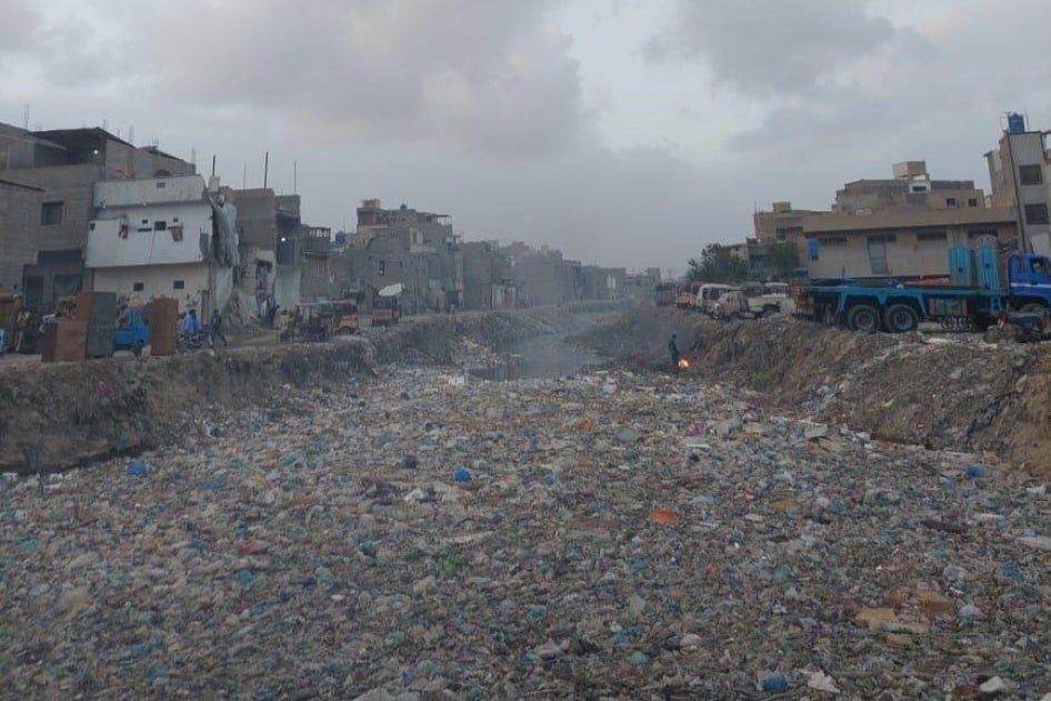 A section of a stormwater channel in Karachi clogged with solid waste
