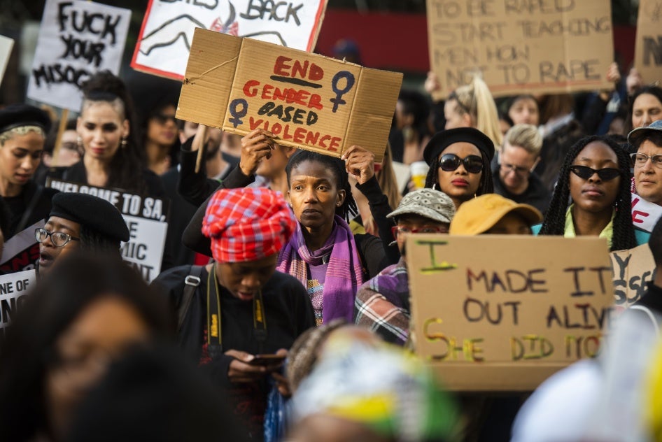 Protesters march against gender-based violence in front of the Johannesburg Stock Exchange, South Africa, September 13, 2019.