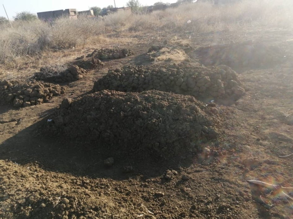 Picture of graves dug by residents of Tayba where the victims of the Sudan Shield Forces were buried after the attack on January 10. The picture was taken/shared by a resident of Tayba and geolocated by Human Rights Watch in Tayba.