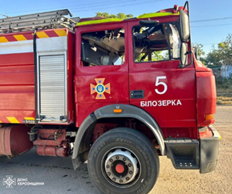  Fire truck damaged by a drone attack @ 2025 State Emergency Service of Ukraine via X 