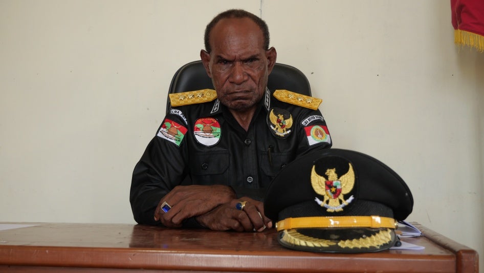 Maret Klaru, chairman of the Boven Digoel Regency Indigenous Community Institution (Lembaga Masyarakat Adat, or LMA), at their office in Tanah Merah City, Boven Digoel Regency. 