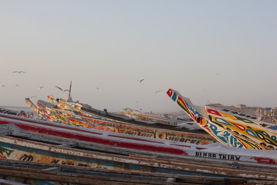 Traditional fishing boats, known as pirogues on the Langue de Barbarie.