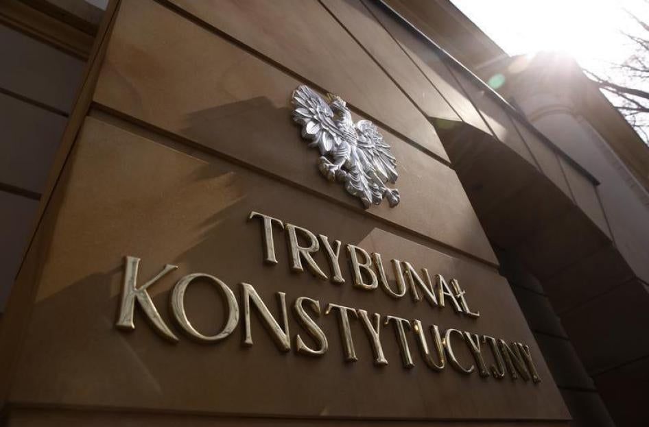 The sign at the entrance to Poland's constitutional court is pictured in Warsaw, Poland April 5, 2016.