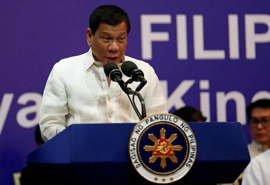 Philippine President Rodrigo Duterte speaks during a meeting with the Filipino community in Riyadh, Saudi Arabia, April 12, 2017.