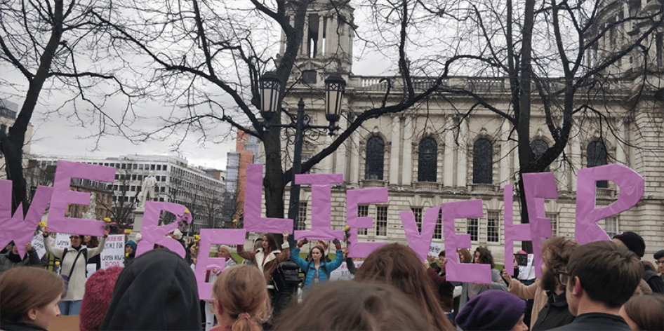A rally held in support of the woman at the centre of the Belfast rape trial in which all four defendants including Paddy Jackson and Stuart Olding were acquitted of all charges, Belfast, March 31, 2018.