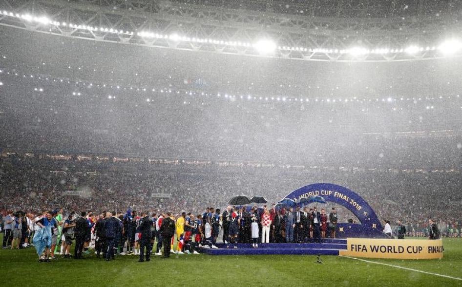 General view as Team France players are presented medals after the final game of the 2018 World Cup, Moscow, Russia, July 15, 2018. 