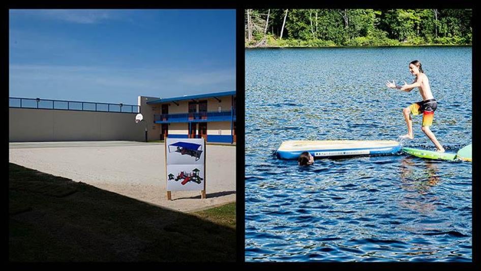 The Karnes immigration detention center in Karnes City, Texas (left), used by US Immigration and Customs Enforcement (ICE) to detain migrant families, and (right) a child plays in a lake during summer camp.