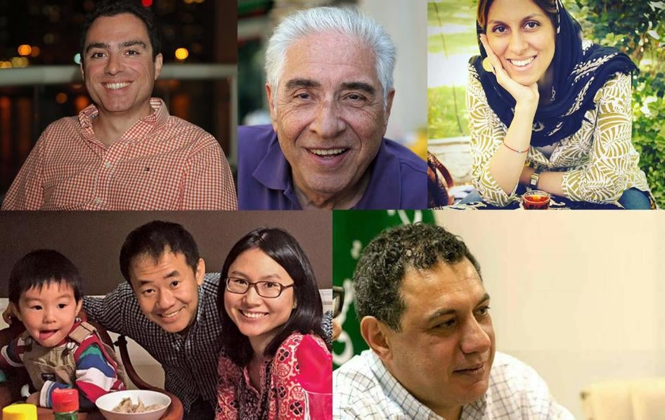[From top left] Siamak Namazi, Baquer Namazi, Nazanin Zaghari-Ratcliffe, Xiyue Wang and his family, and Nizar Zakka. © 2018 Private 