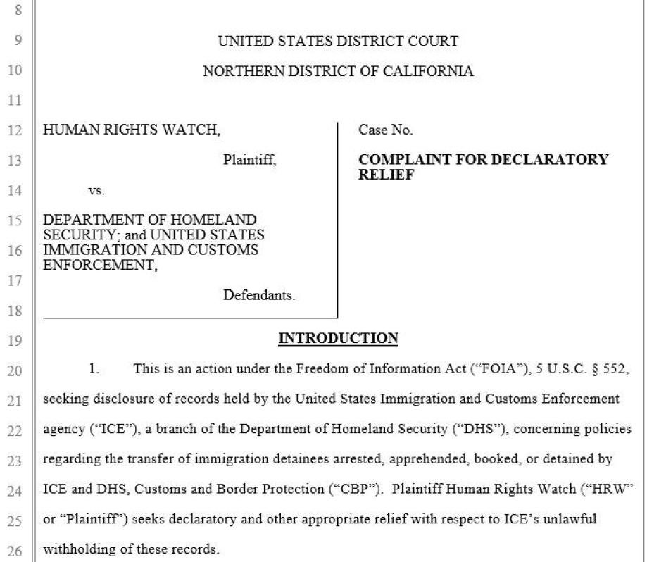 201901us_FOIALawsuit_HRWvDHS+ICE