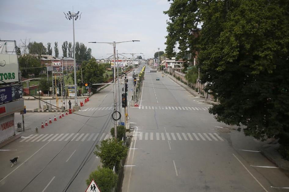 A stray dog walks through a deserted street during a security lockdown in Srinagar, Indian-controlled Kashmir.