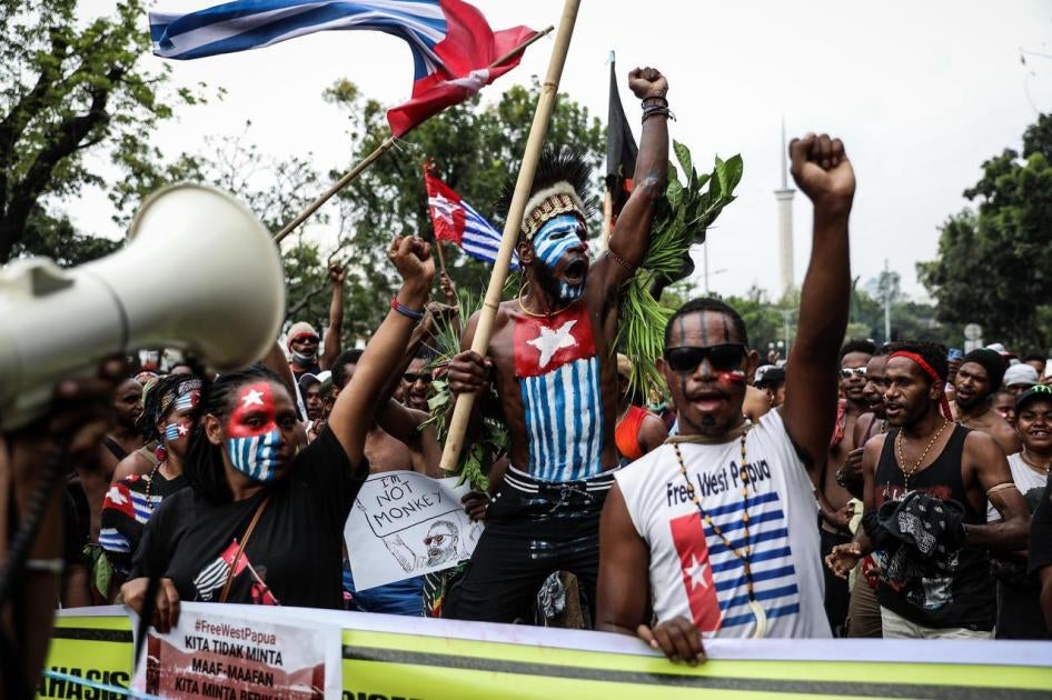 Papuan students shout slogans during a rally in Jakarta, Indonesia on August 28, 2019. Students and activists gathered for a protest supporting West Papua, calling for independence from Indonesia, and demanding racial justice in Surabaya, East Java. 