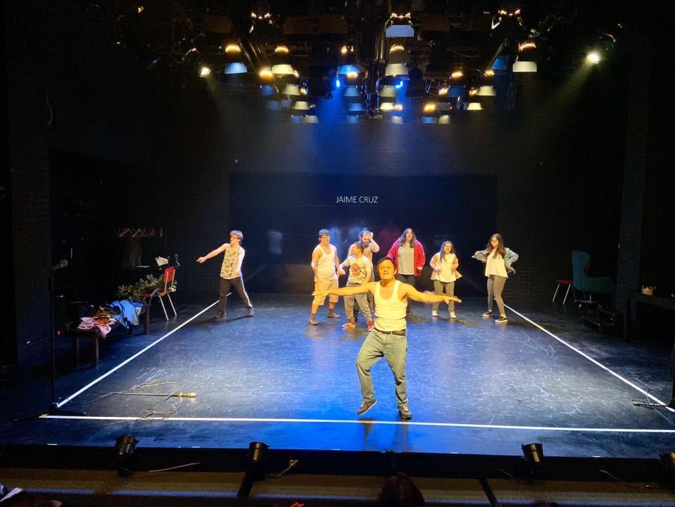 Actors and actresses with down syndrome represent Hamlet in a theater in Lima in December 2019.