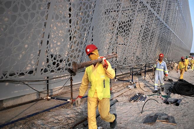 Drawn by the promise of jobs, thousands of men from India, Pakistan, Bangladesh, Sri Lanka, and Nepal are working on Saadiyat Island in the United Arab Emirates.