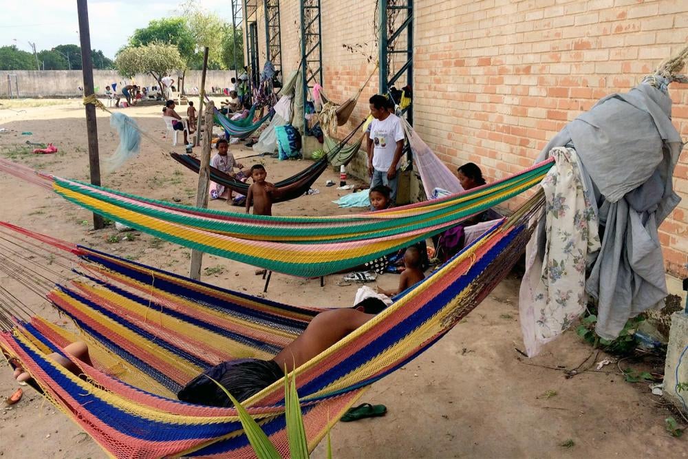 Hammocks where members of the Venezuelan Warao indigenous community sleep at a shelter in Boa Vista. Others sleep on the floor inside the shelter. February 11, 2017. 