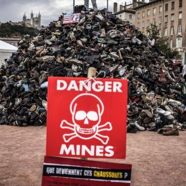A pile of shoes during the annual demonstration by NGO Humanity and Inclusion denouncing antipersonnel landmines and cluster munitions in Lyon on September 20, 2014.