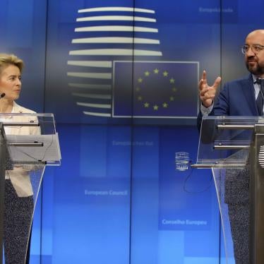European Commission President Ursula von der Leyen and European Council President Charles Michel participate in a media conference after a meeting with Turkish President Recep Tayyip Erdogan at the European Council building in Brussels, March 9, 2020.  