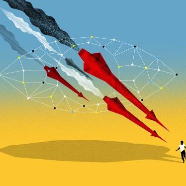 A cartoon image shows missiles raining down on a civilian running away. 