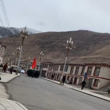 Screenshot of a video showing dozens of police and commandos parading through the town of Dza Wonpo, carrying a large red flag and shouting battle-cries.