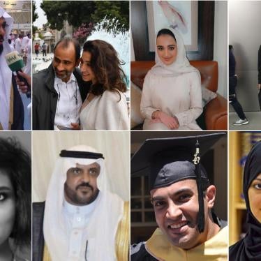 Top, left to right: Salman Al-Awda, Dr. Walid Fitaihi and his daughter, Sarah Jabri, and Omar Jabri. Bottom, left to right: Loujain al-Hathloul, Mohammed al-Otaibi, Abdelrahman al-Sadhan, and Nassima al-Sadah.