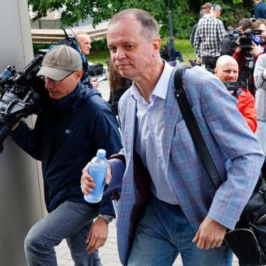 Russian lawyer Ivan Pavlov, center, walks to attend a court session after speaking to the media at Moscow Court, in Moscow, Russia, Wednesday, June 9, 2021. 