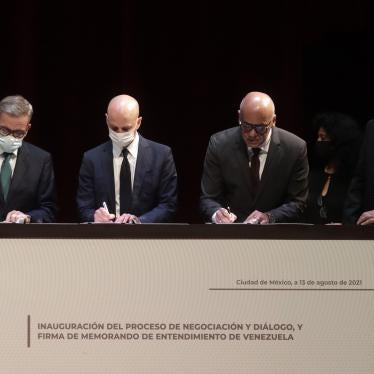 Head of the Venezuelan opposition delegation Gerardo Blyde, Kingdom of Norway representative Dag Nylander, Venezuelan National Assembly President Jorge Rodríguez, and Mexican Foreign Affairs Minister Marcelo Ebrard during the Inauguration of the Negotiation and Dialogue Process and Signature of the Memorandum of Understanding of Venezuela, at the National Museum of Anthropology on August 13, 2021, in Mexico City.