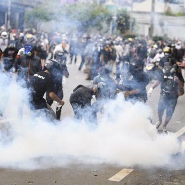 A crowd of protestors amongst teargas 