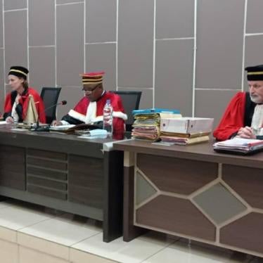 Judges from the Central African Republic’s Special Criminal Court (SCC) listen to arguments in a hearing