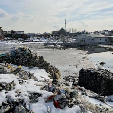 Illegally dumped plastic waste, including imported European plastic waste imports, near a residential neighborhood in Sultangazi, Istanbul, Turkey.