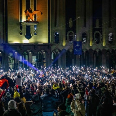 Thousands gather outside of Georgia’s parliament in Tbilisi to protest the ruling party’s decision to suspend EU accession talks, December 5, 2024.