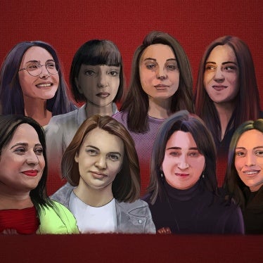 An original painting of the women journalists behind bars in Azerbaijan: from Abzas Media, Sevinj Vagifgizi, Nargiz Absalamova, and Elnara Gasimova; from Meydan TV, Aynur Elgunash, Aytaj Ahmadova, Aysel Umudova, and Khayala Aghayeva; and independent journalist Fatima Movlamli.