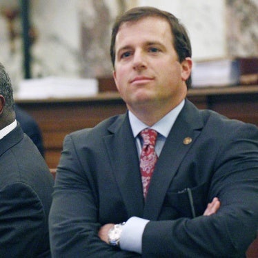 Sen. Josh Harkins, R-Flowood (R), reacts as Sen. John Horhn, D-Jackson (L), purposes amendments that would affect Harkins' proposed legislation that would shift control of the Jackson-Medgar Wiley Evers International Airport to state officials and surrounding counties, March 3, 2016, in Senate chambers at the Capitol in Jackson, Mississippi.