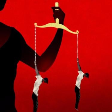 Illustration of the scales of justice replaced by two people shackled by their wrists and dangling in the air.