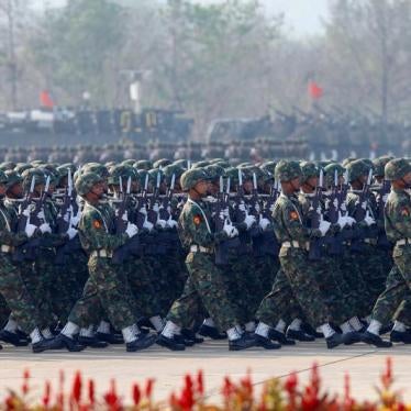 Soldiers parade to mark the 70th anniversary of Armed Forces Day in Burma's capital Naypyidaw, March 27, 2015.