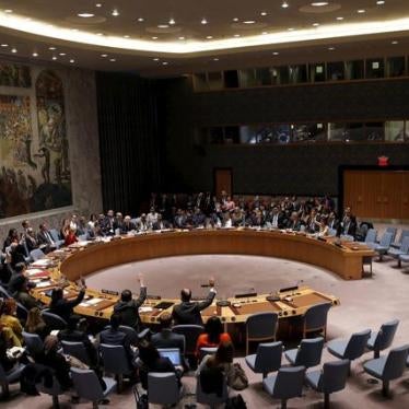 Security Council members cast their votes in favor of the adoption of the agenda on human rights abuses in New York on December 10, 2015.