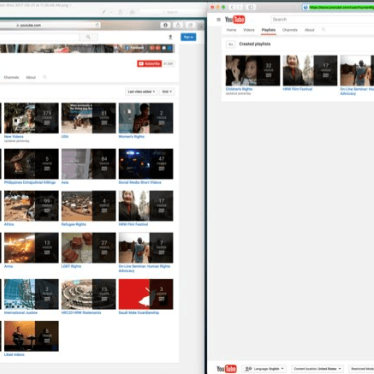 Screenshot depicting Human Rights Watch's YouTube page with restricted view off (L) and again with it on. 