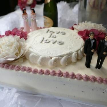 A wedding cake at a reception for same sex couples is seen at The Abbey in West Hollywood, California, July 1, 2013.