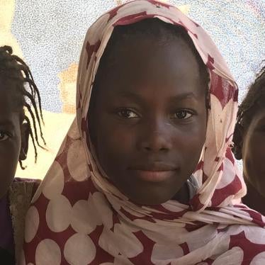 Three of Mariama’s ten children: Khadijetou, Asya and Aicha who recently enrolled in primary school despite their lack of civil registration, thanks to the assistance of the Mauritanian NGO Women Heads of Family, Nouakchott, Mauritania, October 23, 2017.