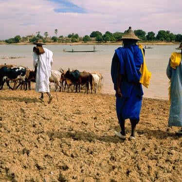 Des éleveurs peuls attendent pour traverser la rivière Bani, près de Sofara, dans le centre du Mali. Le 7 août 2018, une milice dozo aurait arrêté 11 commerçants peuls alors qu'ils attendaient pour traverser la rivière afin de se rendre au marché de Sofar