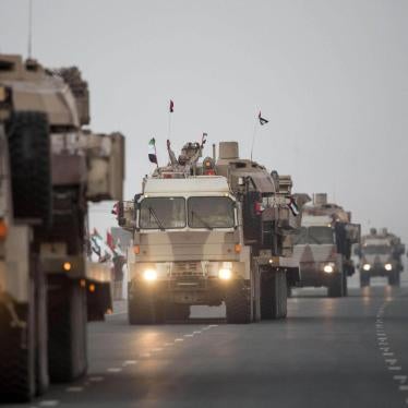 A convoy of UAE military vehicles and personnel travels from Al Hamra Military Base to Zayed Military City, marking the return of the first batch of UAE Armed Forces military personnel from Yemen, in Abu Dhabi, United Arab Emirates.